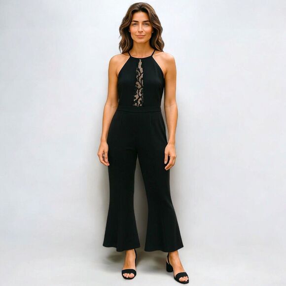 NEW Zara Woman Black Bell Bottom Jumpsuit Lace Insert Size L Spaghetti Straps - Picture 1 of 15